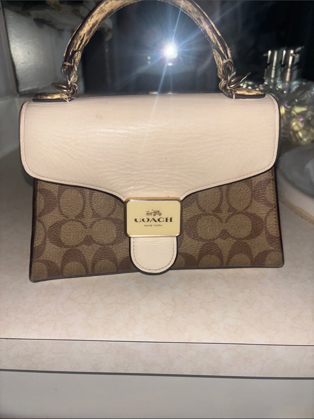 Coach Two-Tone Signature Top Handle Satchel in Brown and Cream